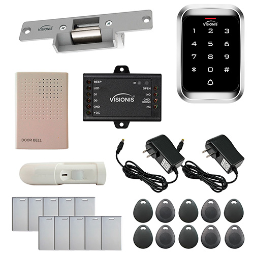 Visionis FPC-5349 One door access Control with Normally Closed Electric Strike with VIS-3000 Outdoor weather proof Keypad / Reader Standalone no software EM Card Compatible 2000 users With PIR kit