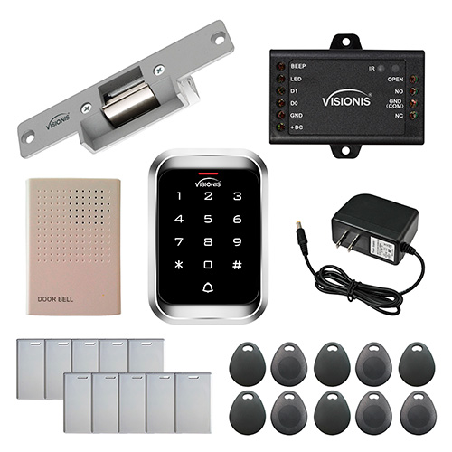Visionis FPC-5348 One door access Control with Normally Closed Electric Strike with VIS-3000 Outdoor weather proof Keypad / Reader Standalone no software EM Card Compatible 2000 users kit