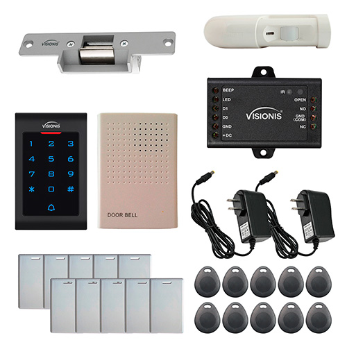 Visionis FPC-5353 One door access Control with Normally Closed Electric Strike with VIS-3002 Indoor Use only Keypad / Reader Standalone no software EM Card Compatible 500 users and PIR kit