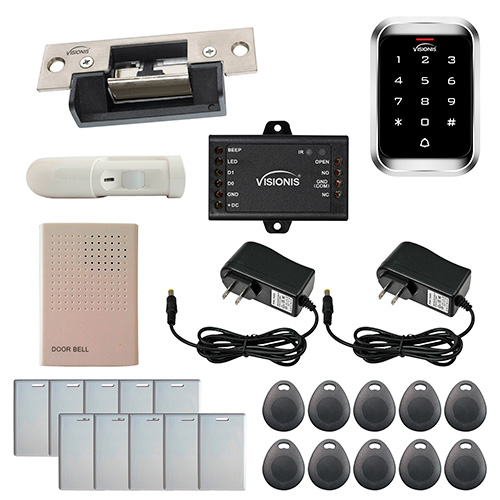 FPC-5465 One Door Access Control 2,200lbs Electric Strike Fail Secure With VIS-3000 Outdoor Weather Proof Keypad / Reader Standalone no software EM card Compatible 2000 Users with PIR Kit