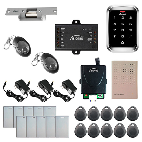 Visionis FPC-5475 One door Access control 1,100lbs Electric Strike with Time delay Fail Safe with VIS-3000 Outdoor Weather Proof Keypad / Reader Standalone no software EM Card Compatible wireless receiver Kit
