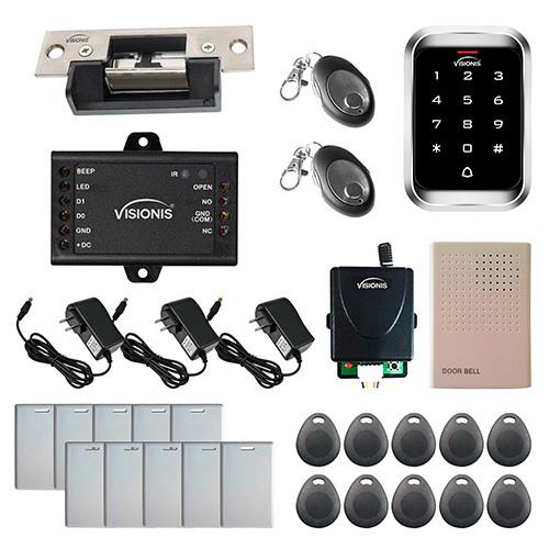 Visionis FPC-5477 One door Access control 2,200lbs Electric Strike Fail Safe with VIS-3000 Outdoor Weather Proof Keypad / Reader Standalone no software EM Card Compatible wireless receiver Kit