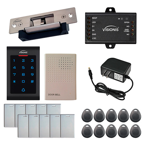 Visionis FPC-5549 One Door Access Control 2,200lbs Electric Strike Fail Safe and Fail Secure Adjustable with VIS-3002 indoor use only Keypad / Reader Standalone No Software EM Card Compatible 500 Users Kit