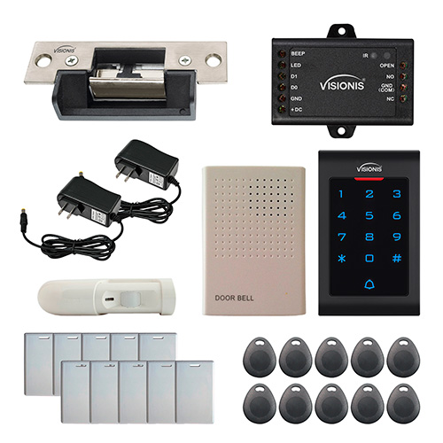 Visionis FPC-5559 One Door Access Control 2,200lbs Electric Strike Fail Secure with VIS-3002 indoor use only Keypad / Reader Standalone No Software EM Card Compatible 500 Users and PIR Kit