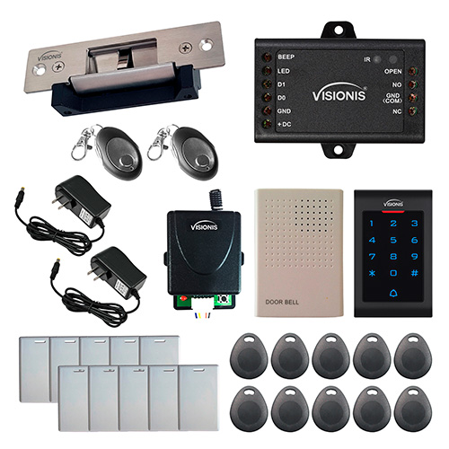 Visionis FPC-5573 One Door Access Control 2,200lbs Electric Strike Fail Safe and Fail Secure Adjustable with VIS-3002 indoor use only Keypad / Reader Standalone No Software EM Card Compatible 500 Users and Wireless Receiver Kit