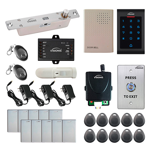Visionis FPC-5577 One Door Access Control 2,200lbs Electric Drop Bolt Fail Secure Time delay with VIS-3002 indoor use only Keypad / Reader Standalone No Software EM Card Compatible 500 Users and Wireless Receiver and PIR Kit