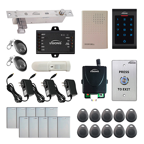 Visionis FPC-5578 One Door Access Control 2,200lbs Electric Drop Bolt Fail Secure Time delay Key Cylinder with VIS-3002 indoor use only Keypad / Reader Standalone No Software EM Card Compatible 500 Users and Wireless Receiver and PIR Kit