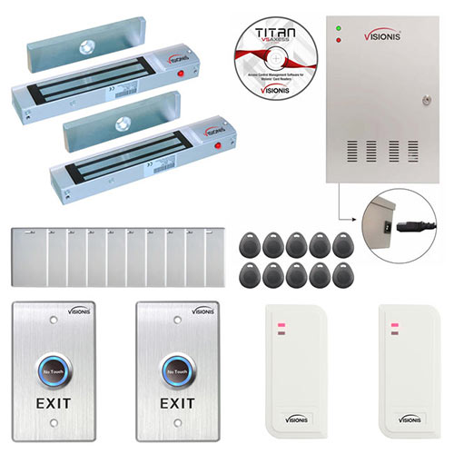 FPC-6477 Two Door Access Control for OutSwing Door Electric 300lbs MagLock Time Attendance TCP/IP, Power Supply White Indoor/Outdoor Card Reader Included, 10,000 Users Wireless Doorbell Kit