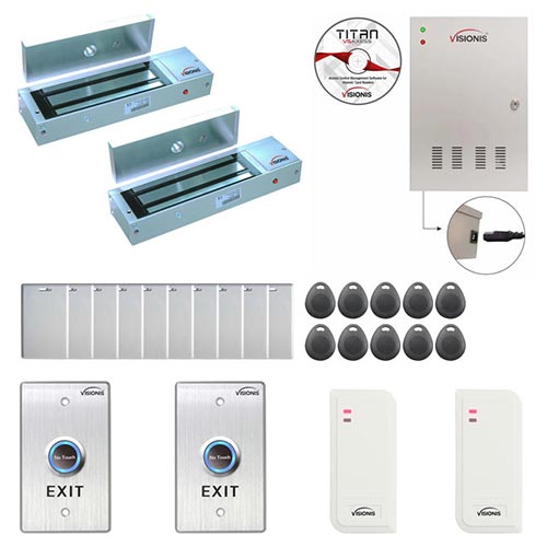 FPC-6481 2 Door Access Control for OutSwing Door Electric 1200lbs MagLock Time Attendance TCP/IP Wiegand Controller Box, Power Supply Included, Indoor/Outdoor Card Reader, Software Included EM TK4100 Card Compatible 10000 Users Wireless Doorbell Kit