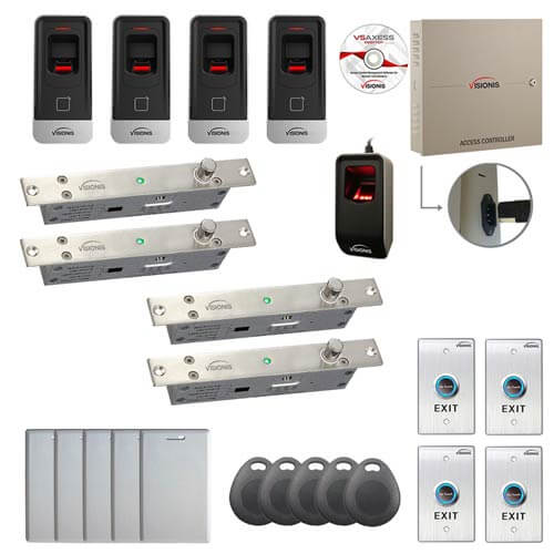 Visionis FPC-6942 Four Door Professional Access Control Electric Drop Bolt Lock Time Attendance TCP / IP RS485 Wiegand Controller Box with Power Supply Included Black Outdoor Biometric Fingerprint Reader Computer Based Software Included EM TK4100 Card Compatible 100,000 Users Kit