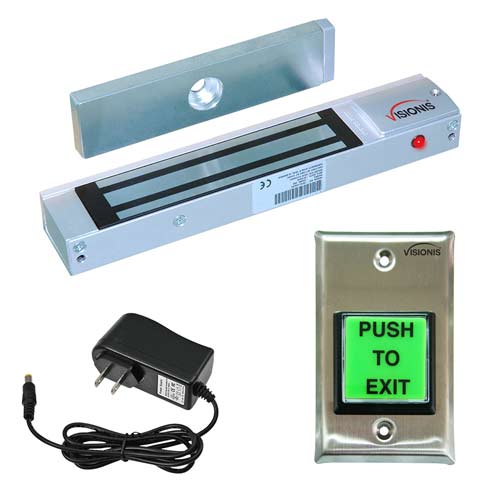Visionis FPC-7310 VIS-ML300LED Indoor Electromagnetic Lock 300lbs for Out Swinging Door with VIS-7000 Green LED Push to Exit Button NC, COM and NO Outputs for Access control, 2 Amp Power Supply