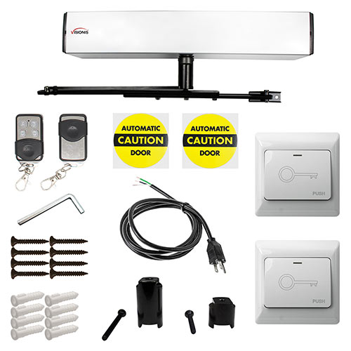 Visionis FPC-7339 Electric Automatic Door Opener + Closer for 440lb Out Swing Doors + Built-in Receiver + 2 Wireless Remotes + 2 VIS-7030 Hardwire White Exit Buttons