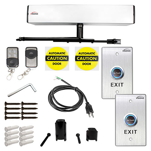 Visionis FPC-7340 Electric Automatic Door Opener + Closer for 440lb Out Swing Doors + Built-in Receiver + 2 Wireless Remotes + 2 VIS-7013 Hardwire No Touch Exit Buttons