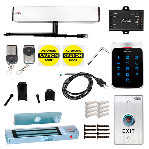 Visionis FPC-7342 110V Electric Automatic Door Opener + Closer for 440lb Out-Swing Doors + 2 Wireless Remotes + VIS-7013 No Touch Exit Button + Stand Alone VIS-3022 Outdoor Keypad + 300Lb Mag Lock