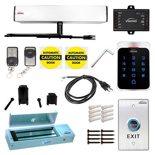 Visionis FPC-7344 110V Electric Automatic Door Opener + Closer for 440lb Out-Swing Doors + 2 Wireless Remotes + VIS-7013 No Touch Exit Button + Stand Alone VIS-3022 Outdoor Keypad + 1200Lb Mag Lock