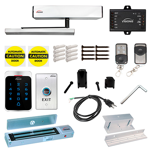 Visionis FPC-7346 110V Electric Automatic Door Opener + Closer for 440lb In-Swing Doors + Wireless Remotes + VIS-7013 No Touch Exit Button + Stand Alone VIS-3022 Outdoor Keypad Reader + 600Lb Mag Lock