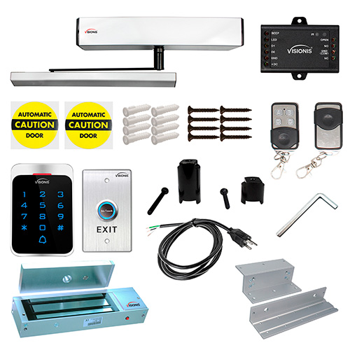 Visionis FPC-7347 110V Electric Automatic Door Opener + Closer for 440lb In-Swing Doors + Wireless Remotes + VIS-7013 No Touch Exit Button + Stand Alone VIS-3022 Outdoor Keypad Reader + 1200Lb Mag Lock