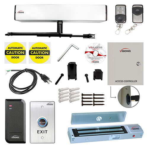 Visionis FPC-7348 110V Electric Automatic Door Opener + Closer for 440lb Out-Swing Doors + 2 Wireless Remotes + VIS-7013 No Touch Exit Button + Access control Reader with Software + 600Lb Mag Lock