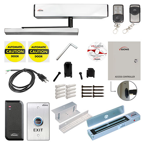 Visionis FPC-7351 110V Electric Automatic Door Opener + Closer for 440lb IN-Swing Doors + 2 Wireless Remotes + VIS-7013 No Touch Exit Button + Access Control Reader with Software + 600Lb Mag Lock