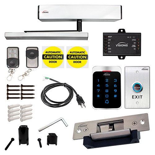 Visionis FPC-7360 110V Electric Automatic Door Opener + Closer for 440lb In-Swing Doors + 2 Wireless Remotes + VIS-7013 No Touch Exit Button + Stand Alone VIS-3022 Outdoor Keypad + Electric Strike