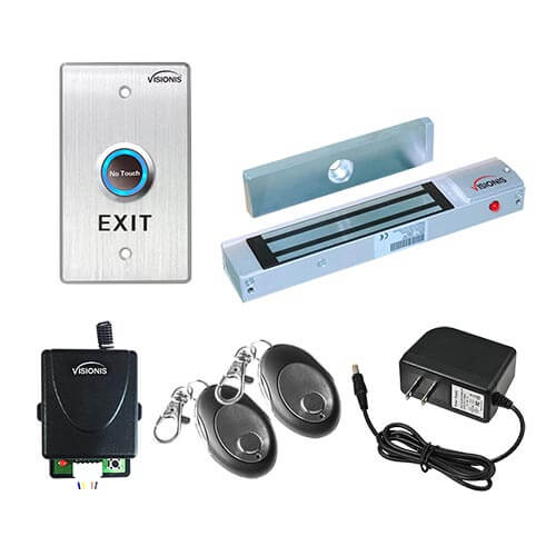 Visionis FPC-7469 One Door Access Control for Out Swinging Door 300lbs Electromagnetic Lock Kit With Wireless Receiver + Remote + VIS-7013 Exit Button Kit