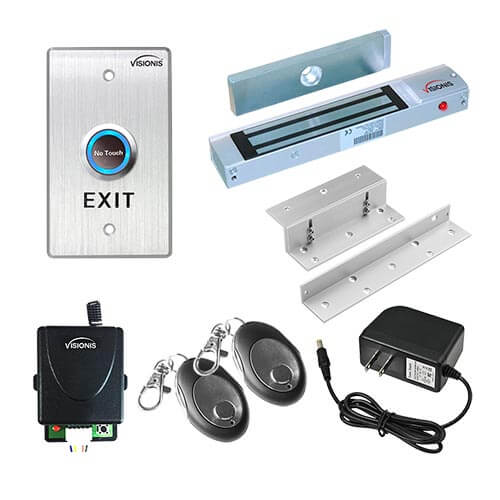 Visionis FPC-7472 One Door Access Control for In Swinging Door 300lbs Electromagnetic Lock Kit With Wireless Receiver + Remote + VIS-7013 Exit Button Kit
