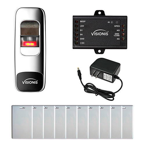 FPC-7613 VIS-3015 Indoor + Outdoor Rated IP68 Metal Access Control Standalone Biometric Fingerprint + Reader + Wiegand 200 Fingerprints, 500 EM Cards, with Power Supply, Pack of 10 Proximity Cards
