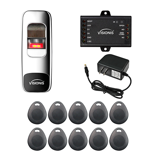 FPC-7615 VIS-3015 Indoor + Outdoor Rated IP68 Metal Access Control Standalone Biometric Fingerprint + Reader + Wiegand 200 Fingerprints, 500 EM Cards, with Power Supply, Pack of 10 Proximity KeyTags
