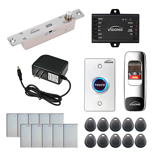 FPC-7640 One Door Access Control 2,200lbs Electric Drop Bolt Fail Secure Time Delay, VIS-3015 Indoor + Outdoor Rated IP68 Fingerprint Biometric, Reader, Wiegand, Standalone No Software, EM Card Kit