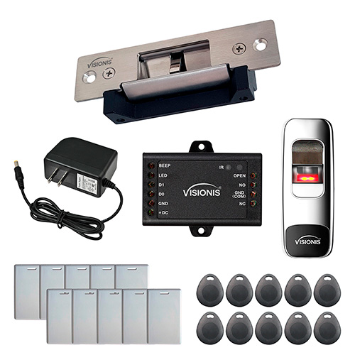 FPC-7641 One Door Access Control Electric Strike Fail Safe And Fail Secure Adjustable 2,200lbs, VIS-3015 Indoor + Outdoor Fingerprint Biometric, Reader, Wiegand, Standalone No Software, EM Card Kit