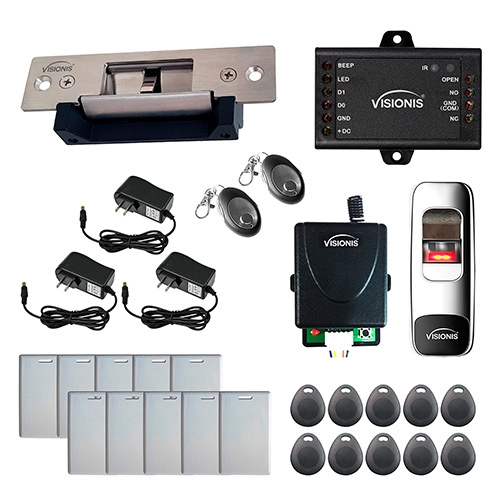 FPC-7645 One Door Access Control Electric Strike Fail Safe and Fail Secure Adjustable 2,200lbs, VIS-3015 Indoor + Outdoor Fingerprint Biometric, Reader, Wiegand, Standalone, Wireless Receiver Kit
