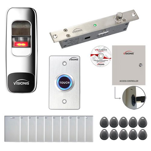 FPC-7666 One Door Access Control Electric Drop Bolt Fail Secure Time Attendance TCP/IP Wiegand Controller Box, Power Supply, Indoor + Outdoor Fingerprint/Card Reader, Software Included 10000 User Kit