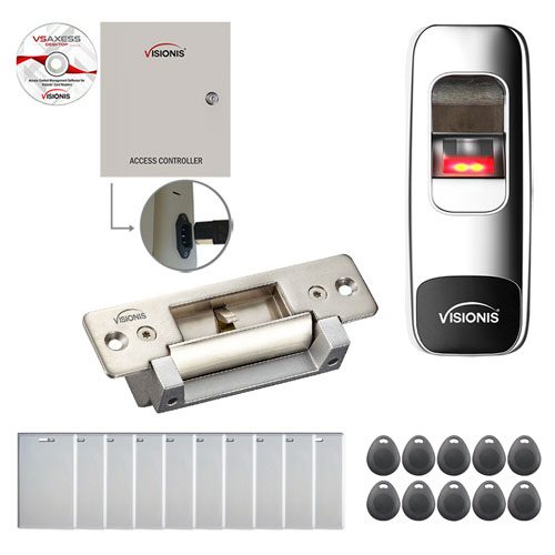 FPC-7667 One Door Access Control Electric Strike Fail Safe and Fail Secure Time Attendance TCP/IP Wiegand Controller Box, Power Sup., Indoor + Outdoor Fingerprint/Card Reader, Software, 10000 User Kit