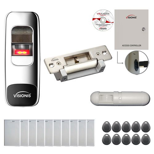 FPC-7669 One Door Access Control Electric Strike Fail Safe and Fail Secure, Time Attendance TCP/IP Wiegand Controller Box, Indoor + Outdoor Fingerprint/Card Reader, Software, 10000 User, with PIR Kit