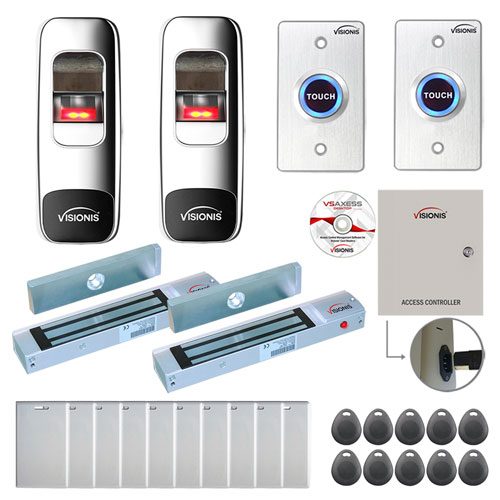 FPC-7672 2 Doors Access Control Outswinging Door 300lbs Mag Lock Time Attendance TCP/IP Wiegand Controller Box+Power Supply, Indoor+Outdoor Fingerprint/Card Reader, Software Included, 10000 Users Kit