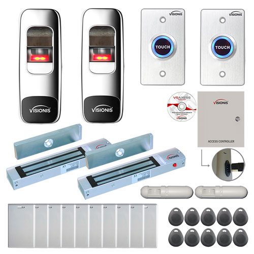 FPC-7678 Two Doors Access Control Electromagnetic Lock for Outswinging Door 300lbs TCP/IP Wiegand Controller Box, Indoor + Outdoor Fingerprint/Card Reader, Software Included 10000 User, with PIR Kit