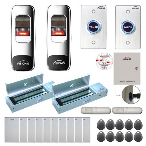 FPC-7680 Two Doors Access Control Electromagnetic Lock for Outswinging Door 1200lbs TCP/IP Wiegand Controller Box, Indoor + Outdoor Fingerprint/Card Reader, Software Included 10000 User, with PIR Kit