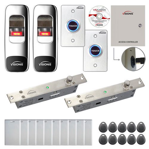 FPC-7690 Two Doors Access Control Electric Drop Bolt Fail Secure Time Attendance TCP/IP Wiegand Controller Box, Power Supply, Indoor + Outdoor Fingerprint/Card Reader, Software Included 10000 User Kit
