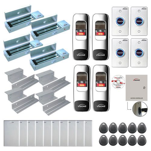 FPC-7701 4 Doors Access Control Inswinging Door 1200lbs Mag Lock Time Attendance TCP/IP Wiegand Controller Box+Power Supply, Indoor+Outdoor Fingerprint/Card Reader, Software Included, 10000 Users Kit