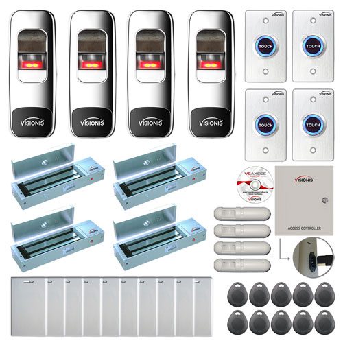 FPC-7704 Four Doors Access Control Electromagnetic Lock for Outswinging Door 1200lbs TCP/IP Wiegand Controller Box, Indoor + Outdoor Fingerprint/Card Reader, Software Included 10000 User, with PIR Kit