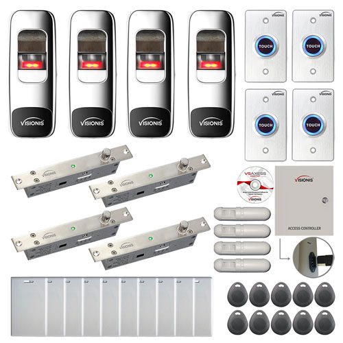 FPC-7710 Four Doors Access Control Electric Drop Bolt Fail Secure Time Attendance TCP/IP Wiegand Controller Box, Indoor + Outdoor Fingerprint/Card Reader, Software Included 10000 User, with PIR Kit