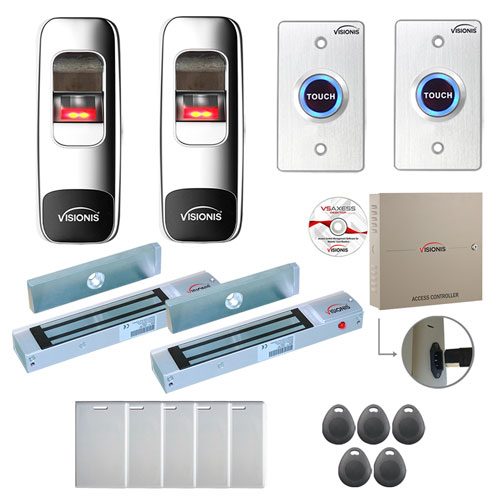 FPC-7712 2 Door Professional Access Control for Outswing Door Electric Lock 300lb Time Attendance TCP/IP RS485 Wiegand Controller, Indoor + Outdoor Fingerprint/Card Reader, Software 100,000 Users Kit