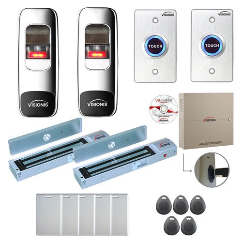 FPC-7713 2 Door Professional Access Control for Outswing Door Electric Lock 600lb Time Attendance TCP/IP RS485 Wiegand Controller, Indoor + Outdoor Fingerprint/Card Reader, Software 100,000 Users Kit