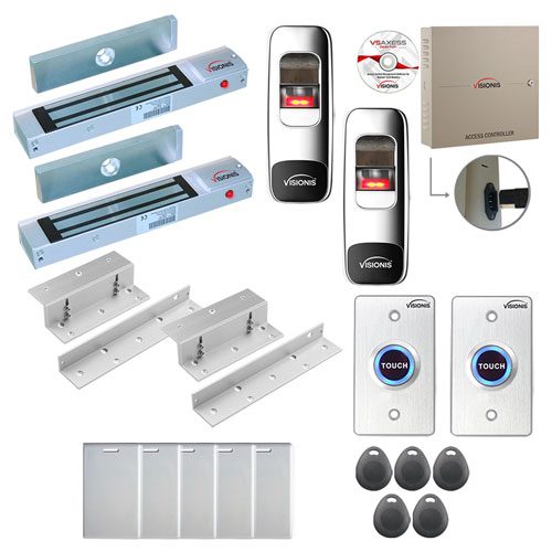 FPC-7715 2 Door Professional Access Control for Inswing Door Electric Lock 300lb Time Attendance TCP/IP RS485 Wiegand Controller, Indoor + Outdoor Fingerprint/Card Reader, Software 100,000 Users Kit
