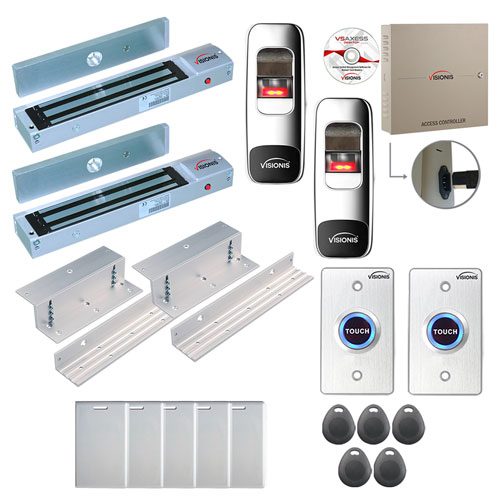 FPC-7716 2 Door Professional Access Control for Inswing Door Electric Lock 600lb Time Attendance TCP/IP RS485 Wiegand Controller, Indoor + Outdoor Fingerprint/Card Reader, Software 100,000 Users Kit