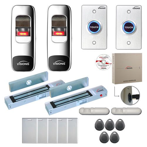 FPC-7718 2 Door Professional Access Control for Outswing Door Electric Lock 300lb Time Attendance TCP/IP RS485 Wiegand Controller, Indoor + Outdoor Fingerprint/Card Reader, Software 100,000 Users Kit