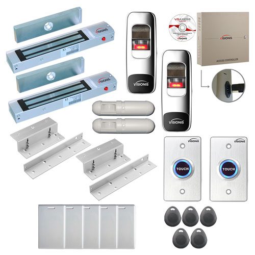 FPC-7721 2 Door Professional Access Control for Inswing Door Electric Lock 300lbs Time Attendance TCP/IP RS485 Wiegand Controller, Indoor + Outdoor Fingerprint/Card Reader, Software 100,000 Users Kit