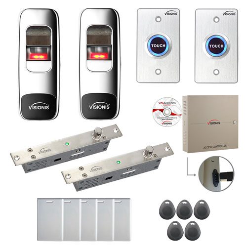FPC-7730 Two Door Professional Access Control Electric Drop Bolt Fail Secure TCP/IP Wiegand Controller Box, Power Supply Included, Indoor + Outdoor Fingerprint/Card Reader, Software, 100,000 User Kit