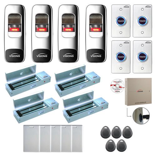 FPC-7738 4 Door Professional Access Control Outswinging Door 1200lb Mag Lock Time Attendance TCP/IP Wiegand Controller Box, Indoor + Outdoor Fingerprint/Card Reader, Software Included, 100000 User Kit