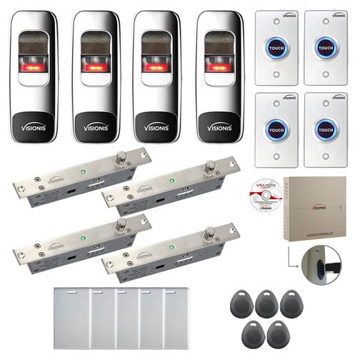 FPC-7748 Four Doors Professional Access Control Electric Drop Bolt Fail Secure Time Attendance TCP/IP Wiegand Controller Box, Indoor + Outdoor Fingerprint/Card Reader, Software, 100,000 Users Kit